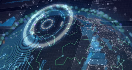 holographic ring spinning in control center, with network data nodes, UI code panels, 3D Earth mesh. Technology, innovation, visualization, interface, cybersecurity, digital, futuristicの写真素材