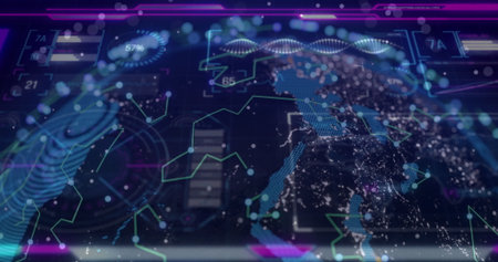 Projecting data overlays on central holographic globe in dashboard, with fingerprint and helix. Futuristic, technology, innovation, data, visualization, cyber, interfaceの写真素材