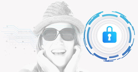 Smiling woman wearing sunhat sunglasses linking to padlock icon circuit on white. Fashion,...