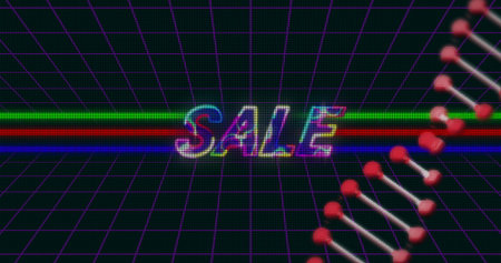 Glitch-style SALE text floating in virtual futuristic space, with purple grid and DNA-like helix. Cyberspace, futuristic, neon, digital, technology, virtual, abstractの写真素材