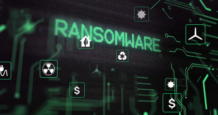 Displaying ransomware text hovering over circuit board, with nuclear hazard and dollar sign icons. Cybersecurity, digital threat, data protection, network security, futuristic, glitch aesthetic, high-techの写真素材