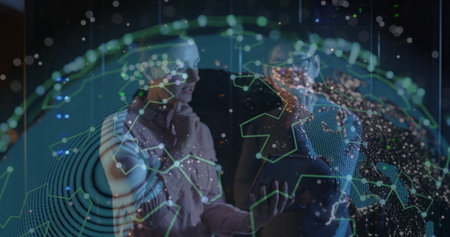 IT professionals analyzing network hologram in data center room, with tablet and server racks....