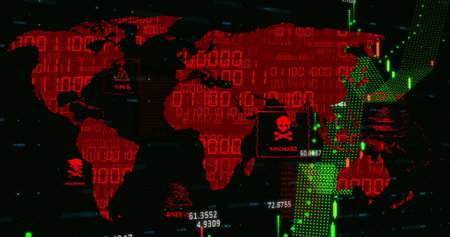 Displaying red world map at security screen, streaming binary code with green arrows, malware icon....