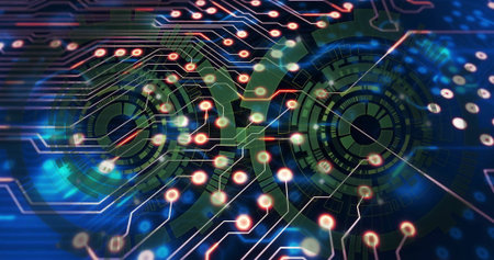 Showing concentric UI elements with segmented rings in digital interface with glowing circuitry. Technology, innovation, cyber, digital, network, holographic, visualizationの写真素材
