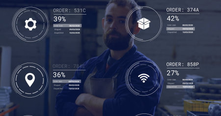 Showing bearded technician wearing navy jacket and apron in workshop, with AR order graphics....