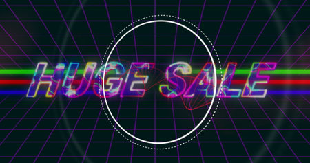 Displaying glitchy neon text reading HUGE SALE on purple grid plane with RGB stripes, dashed circle....