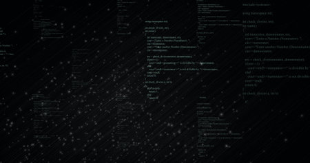 Displaying vertical C++ code blocks showing include directives on digital interface, with starfield. Technology, programming, digital art, futuristic, cyber, innovation, abstractの写真素材
