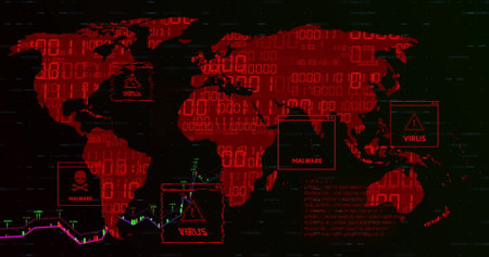 displaying red world map tracking malware virus threats on computer dashboard, with binary overlay....