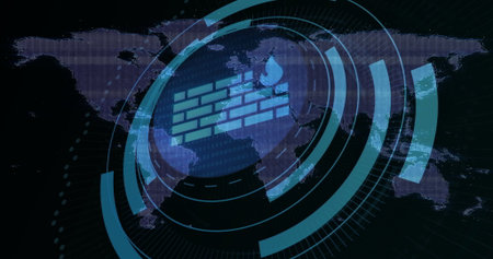 Overlaying central firewall symbol on dashboard interface, with world map, HUD and binary code. Cybersecurity, digital, technology, protection, data, network, interfaceの写真素材