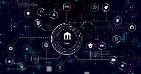 Showing circular HUD highlighting bank icon on dark tech interface, with finance and tech icons. Futuristic, digital, network, finance, technology, abstract, interfaceの写真素材