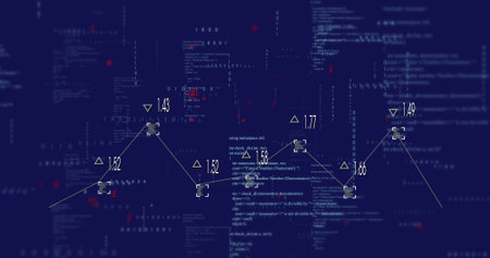 Displaying graph overlaying binary code on interface, connecting triangular markers and data boxes....