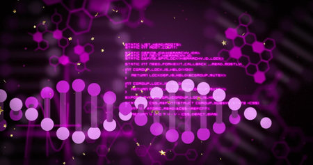 Displaying stylized DNA helix of circles in data field with hexagonal pattern, stars, code snippets....