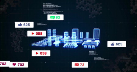 Displaying holographic 3D model glowing in virtual data interface, with thumbs up and play counters. Futuristic, technology, virtual, innovation, luxury, cyber, digitalの写真素材