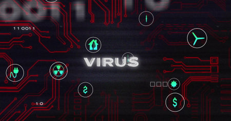 Displaying glitching VIRUS text on circuit board, with red traces and plug, hazard and dollar icons. Technology, cybersecurity, digital, innovation, data, electronic, networkの写真素材