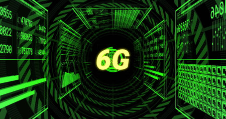 Pulsating central 6G label radiating neon green light in digital tunnel, with data panels....