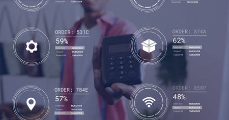 Presenting male associate in pink shirt extending handheld card reader at checkout with digital HUD....