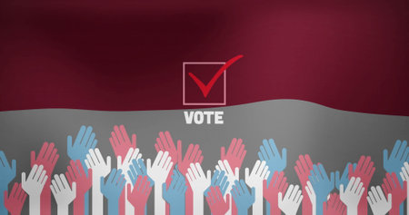 Displaying check box showing red checkmark and VOTE in graphic, with raised red white blue hands. Democracy, participation, activism, advocacy, election, civic engagement, symbolの写真素材