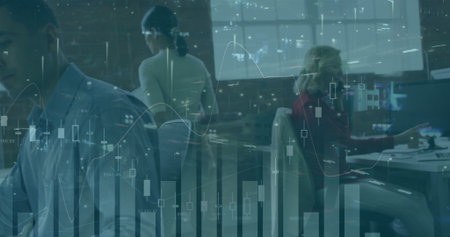 Collaborating three coworkers studying stock data on monitors in office, with candlestick overlay....