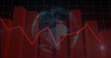 Displaying red bar and line chart over dotted globe on dark grid dashboard, with security icons....