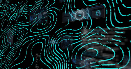 Displaying turquoise contours weaving through dashboard featuring panels, gauges, map, charts, code....