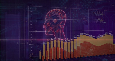 Displaying neon red wireframe head hovering on 3D grid, multicolored bar chart with numeric labels. Futuristic, analytics, technology, digital, interface, data, innovationの写真素材