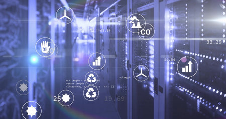 Glowing server network cabinets flashing LED lights in datacenter, with eco icons, code fragments....