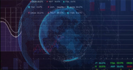 Displaying holographic globe rotating on dashboard, showcasing hexagon mesh, bars, stock tickers....