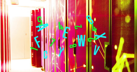 Glowing server cabinets illuminating data center corridor, with floating glyphs and colorful panels....