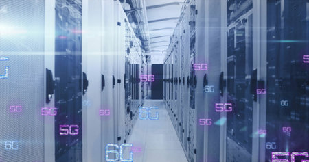 Displaying central corridor aisle glowing in data center, with server racks, cabling, 5G 6G labels....