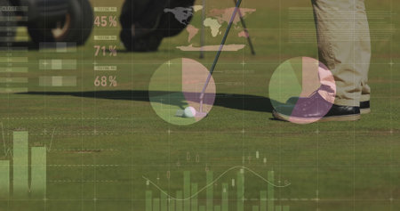 Male golfer aligning putter next to golf ball on putting green, displaying data graphics overlay. Sports, analytics, strategy, recreation, leisure, digital, professionalの写真素材