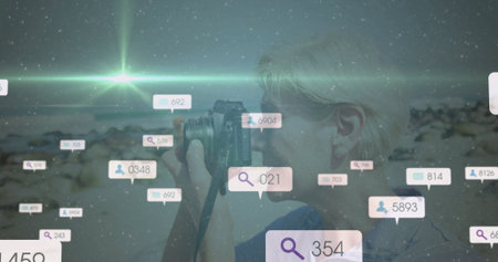 Holding DSLR camera, woman scanning dusk shore with overlay magnifying-glass user icons, copy space. Landscape, photography, digital, exploration, technology, adventure, serenityの写真素材