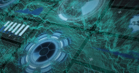 Displaying teal wireframe mesh in cyberspace, with circular HUD interfaces and data panels....