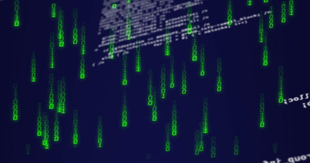 Cascading green binary code streams falling in virtual interface, with blurred white snippets....