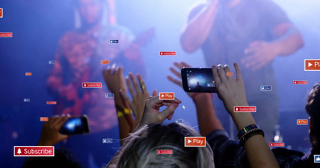 Recording concert with phones, people surrounded by image of play and subscribe icons. Music,...