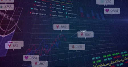 Displaying digital interface showing red and blue trends at trading desk, with floating UI icons....
