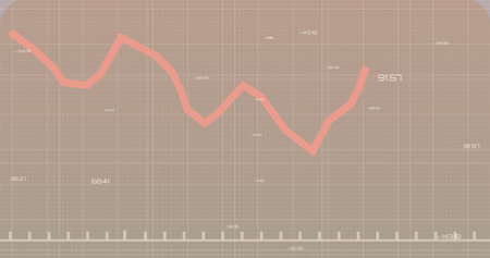 Displaying jagged coral-colored line graph tracking data trends on beige grid, with numeric labels. Analytics, market, visualization, progress, insight, technology, dashboardの写真素材