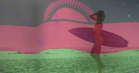 Walking surfer wearing red swimsuit carrying surfboard on sandy shoreline at sunset, copy space....