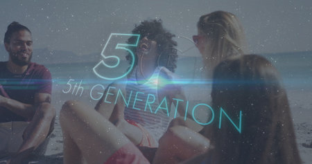 Chatting four friends wearing swimwear and sunglasses sitting on shore with 5th GENERATION overlay....
