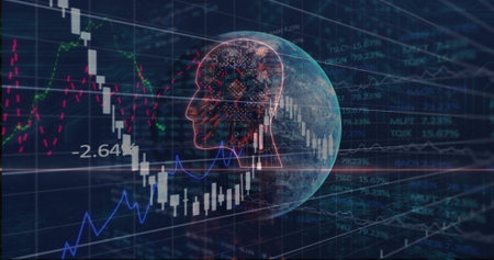 Rotating globe with neural circuit head over trading interface, with candlesticks and trend lines. Technology, analytics, futurism, innovation, data visualization, finance, artificial intelligenceの写真素材
