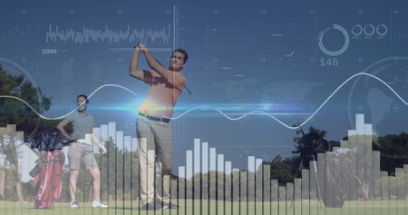 Mature couple playing golf on lush fairway, with man swinging club, wheeled bag and data overlay. Athletic, recreation, digital, analysis, outdoor, leisure, healthの写真素材