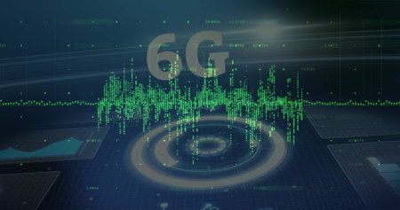 Displaying holographic 6G interface projecting data hub in virtual dashboard, with green waveform. Technology, innovation, cybersecurity, data visualization, digital interface, futuristic, analyticsの写真素材