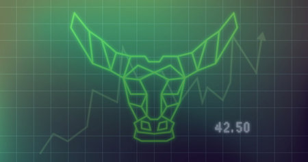 Displaying neon bull head on financial chart screen, with grid overlay, traces and 42.50 indicator. Cryptocurrency, investment, trading, analytics, futuristic, technology, innovationの写真素材