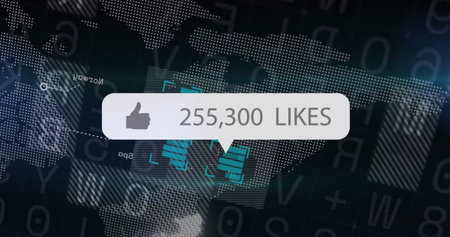 Displaying white speech-bubble pop-up with thumbs-up icon, 255,300 LIKES on digital data interface. Digital, interface, social media, analytics, technology, data visualization, futuristicの写真素材