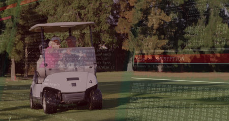 Riding golf cart carrying couple in polo shirts down green fairway, with ENCRYPTION code overlay. Luxury, leisure, outdoor, scenic, technology, relaxation, lifestyleの写真素材
