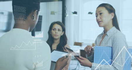 Discussing data three women holding digital tablets and blue folder in office, projecting holograms....