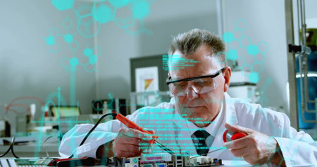 Senior scientist in lab coat testing circuit board at lab, with red black probes, digital overlays....