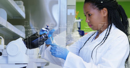 Scientist transferring sample into tube with micropipette at lab bench, with overlay, copy space. Research, innovation, precision, technology, healthcare, education, scienceの写真素材