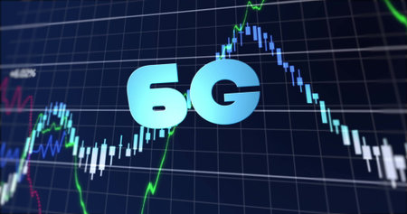Displaying centered pale blue 6G label over chart interface, with candlestick bars and line graphs....