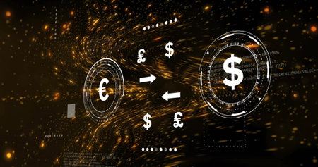 Digital key and circuit lines over pixelated red and yellow background animationの写真素材