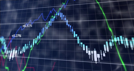 Displaying candlestick chart on trading interface, with trend lines and percentage labels on grid....